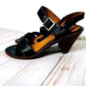 Trask Black Leather Strappy Heeled Sandals